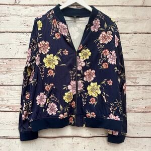 TORRID Navy Blue Floral Bomber Jacket Size 1 14-16/1X Pink Yellow Zip Front